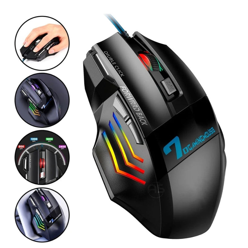 Mouse Gamer Usb com Fio de Nylon 7 Botões e Iluminação LED