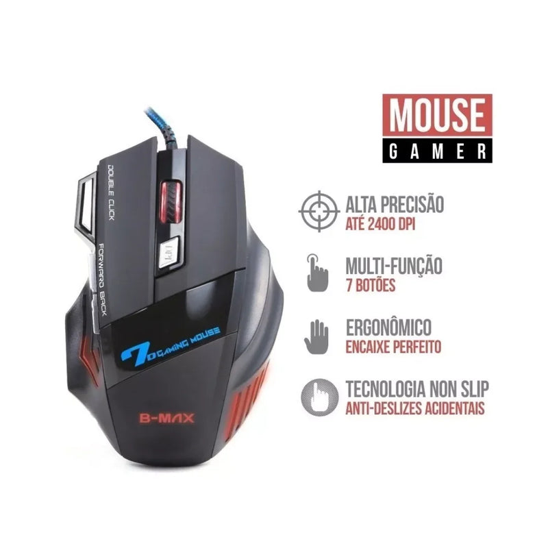 Mouse Gamer Usb com Fio de Nylon 7 Botões e Iluminação LED