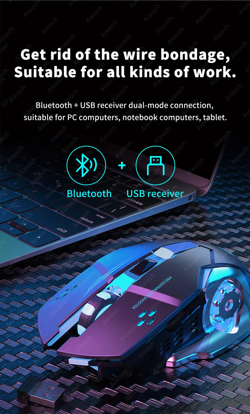 Mouse Gamer Sem Fio Recarregável - Bluetooth, Silencioso, Mecânico, Iluminação RGB, USB, Para PC e e-Sports