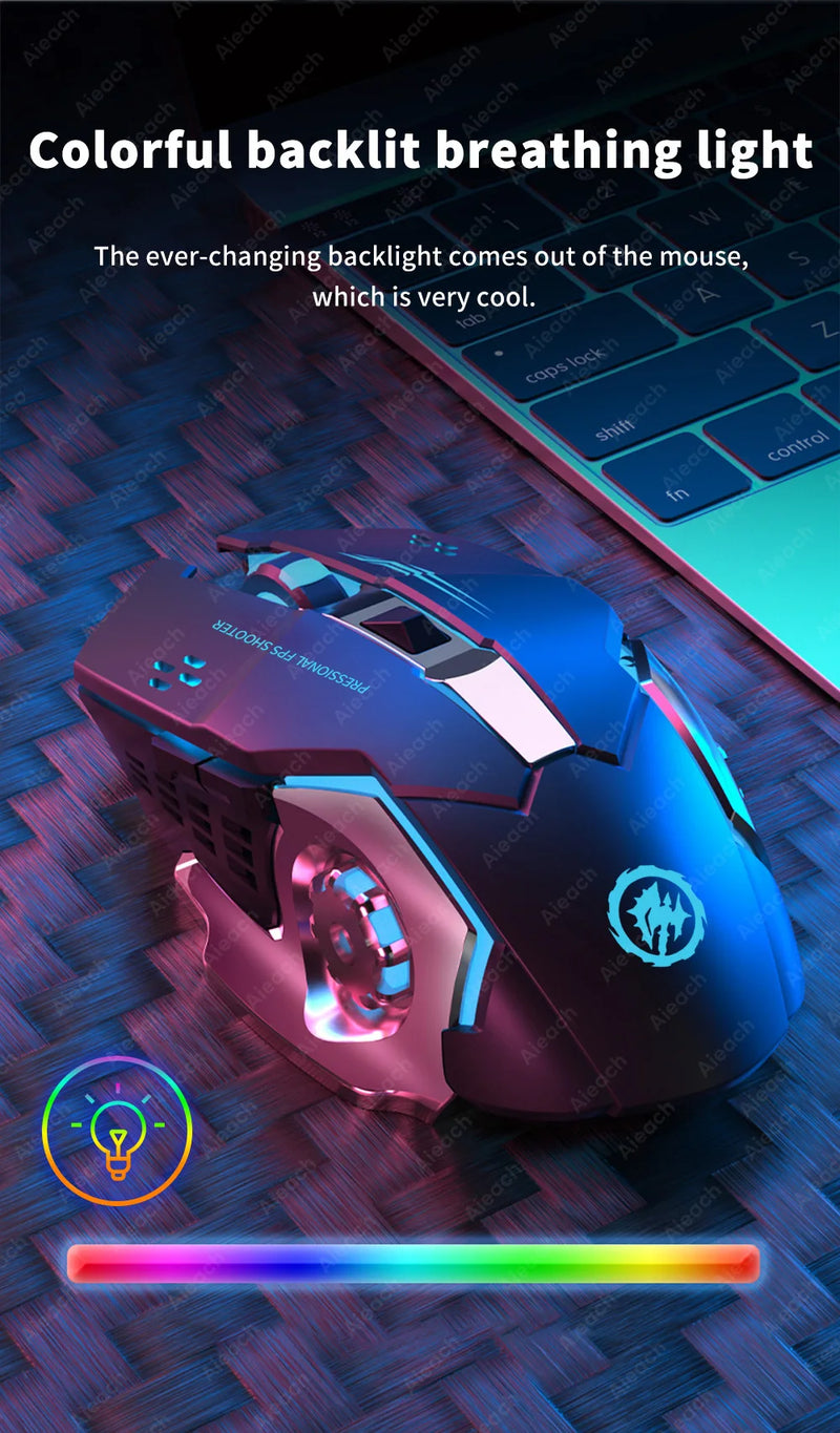 Mouse Gamer Sem Fio Recarregável - Bluetooth, Silencioso, Mecânico, Iluminação RGB, USB, Para PC e e-Sports