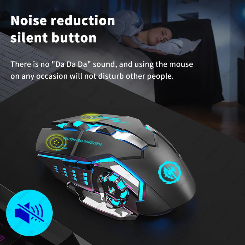 Mouse Gamer Sem Fio Recarregável - Bluetooth, Silencioso, Mecânico, Iluminação RGB, USB, Para PC e e-Sports