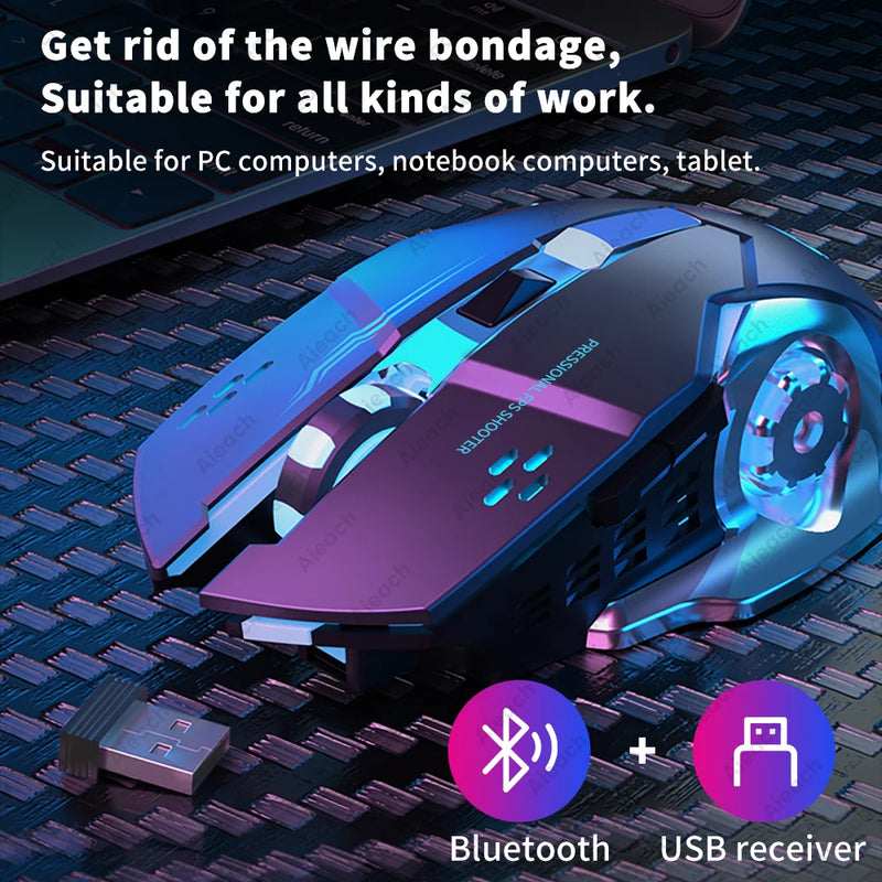 Mouse Gamer Sem Fio Recarregável - Bluetooth, Silencioso, Mecânico, Iluminação RGB, USB, Para PC e e-Sports