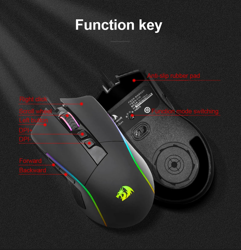 Redragon Lonewolf G105 RGB - Mouse Gamer USB com Fio, 8000 DPI, 8 Botões Programáveis, Ergonômico para PC e Laptop