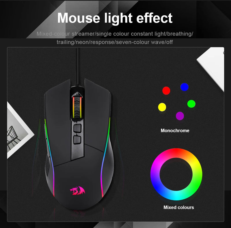 Redragon Lonewolf G105 RGB - Mouse Gamer USB com Fio, 8000 DPI, 8 Botões Programáveis, Ergonômico para PC e Laptop