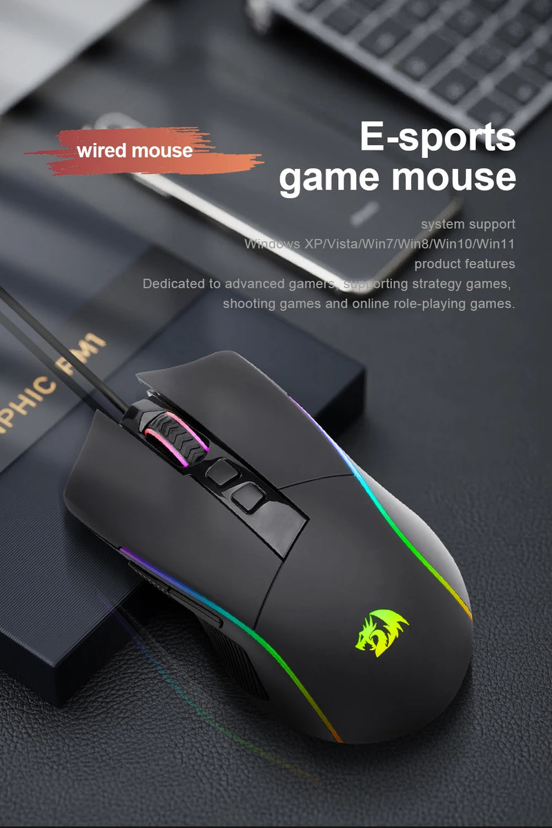 Redragon Lonewolf G105 RGB - Mouse Gamer USB com Fio, 8000 DPI, 8 Botões Programáveis, Ergonômico para PC e Laptop