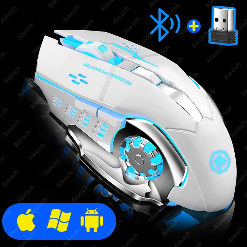 Mouse Gamer Sem Fio Recarregável - Bluetooth, Silencioso, Mecânico, Iluminação RGB, USB, Para PC e e-Sports