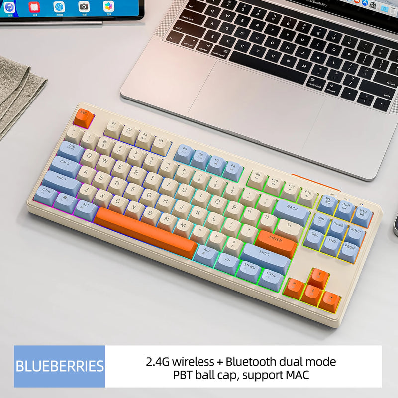 Teclado sem fio m87, teclado bluetooth de modo duplo de 87 teclas com luz de arco-íris rgb, teclado para jogos com design pbt ballcaps