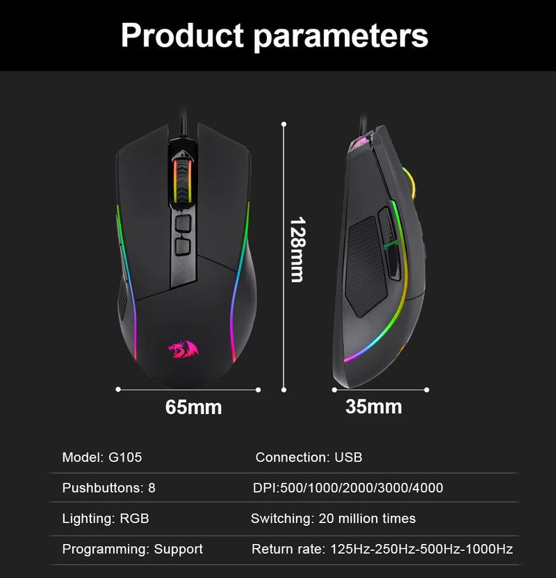 Redragon Lonewolf G105 RGB - Mouse Gamer USB com Fio, 8000 DPI, 8 Botões Programáveis, Ergonômico para PC e Laptop