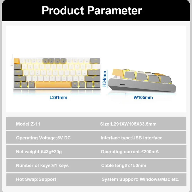 Teclado Mecânico USB E-YOOSO Z11 - 61 Teclas, Switch Vermelho, para PC e Laptop, Idiomas Russo e Português Brasileiro