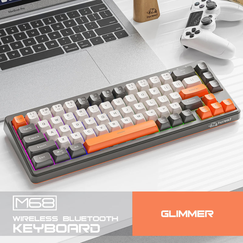 Teclado para jogos sem fio M68, conexão tri-modo, tampa esférica PBT, luz arco-íris, adequado para computadores, laptops e Mac