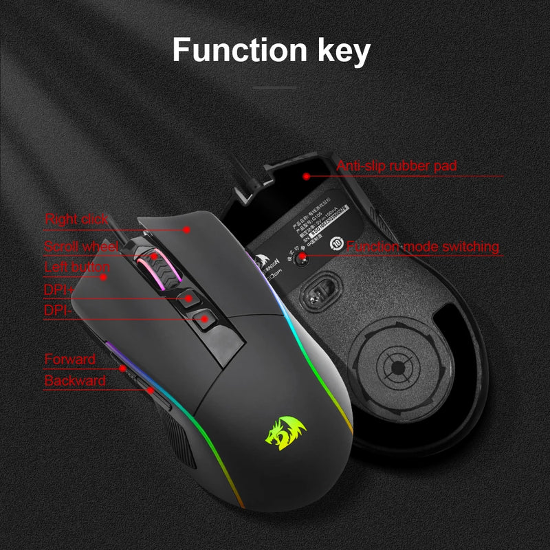 Redragon Lonewolf G105 RGB - Mouse Gamer USB com Fio, 8000 DPI, 8 Botões Programáveis, Ergonômico para PC e Laptop