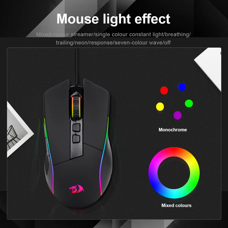 Redragon Lonewolf G105 RGB - Mouse Gamer USB com Fio, 8000 DPI, 8 Botões Programáveis, Ergonômico para PC e Laptop