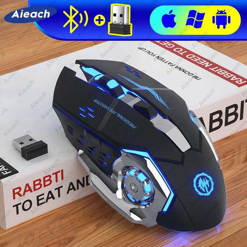 Mouse Gamer Sem Fio Recarregável - Bluetooth, Silencioso, Mecânico, Iluminação RGB, USB, Para PC e e-Sports