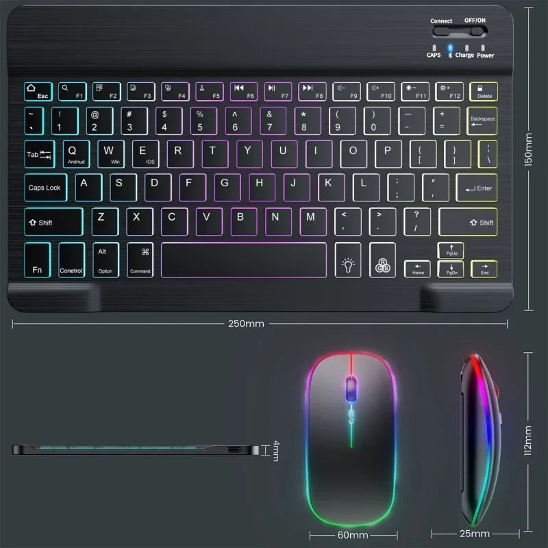 Kit Teclado e Mouse Bluetooth - Mini, Retroiluminado RGB, Recarregável