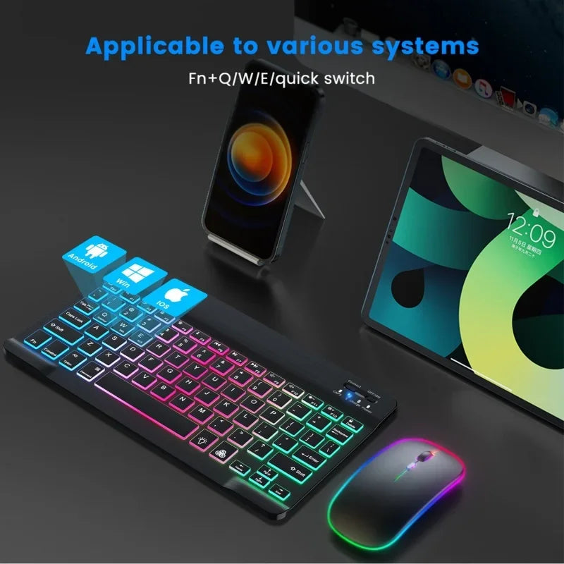 Kit Teclado e Mouse Bluetooth - Mini, Retroiluminado RGB, Recarregável