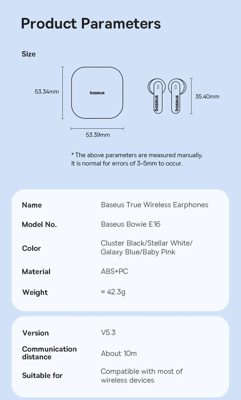 Baseus Bowie E16 Fones de Ouvido Bluetooth 5.3 True Wireless – À Prova d'Água IPX4, 30H de Bateria, Drivers de 13mm, Som Hi-Fi