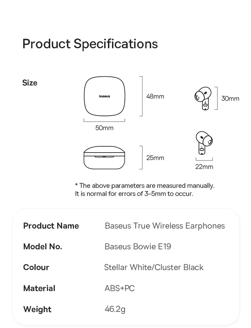 Fones de Ouvido Baseus Bowie E19 TWS, Drivers de 12mm, Graves Potentes, Bluetooth 5.3, 33h de Bateria, IPX5 à Prova d'Água