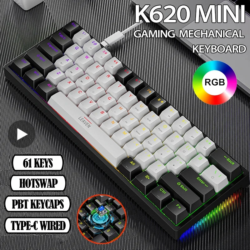 Teclado Mecânico Mini RGB Retroiluminado K620 - 60% DIY Custom PBT Keycap Hotswap - Pink/Branco USB para PC