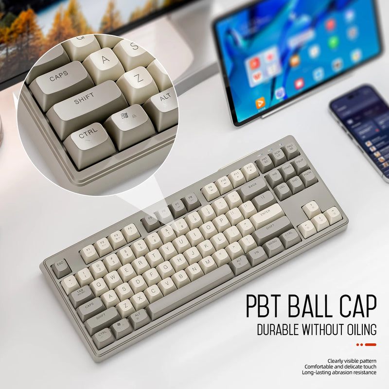 Teclado sem fio m87, teclado bluetooth de modo duplo de 87 teclas com luz de arco-íris rgb, teclado para jogos com design pbt ballcaps