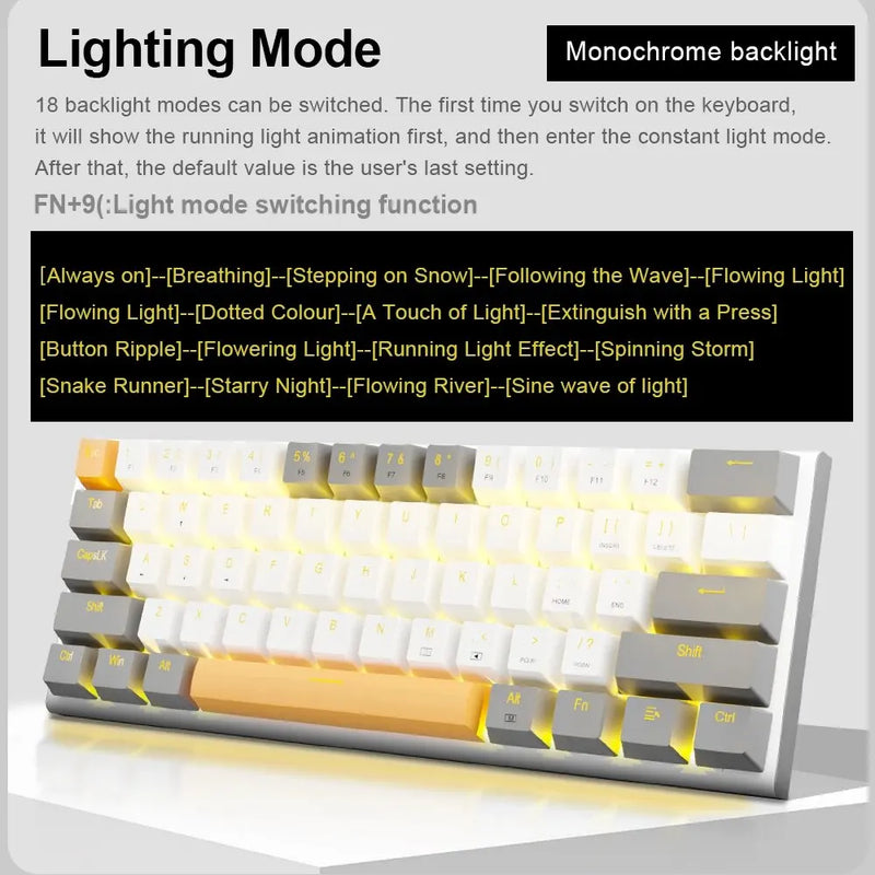 Teclado Mecânico USB E-YOOSO Z11 - 61 Teclas, Switch Vermelho, para PC e Laptop, Idiomas Russo e Português Brasileiro