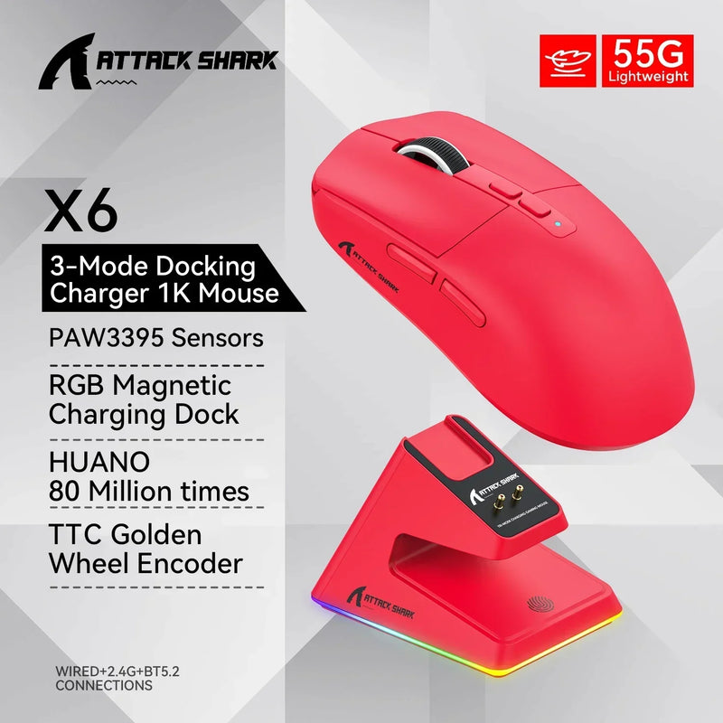 Attack Shark X2/X6/X11 Bluetooth Mouse,Tri-Mode Connection,RGB Touch Magnetic Charging Base,Macro Gaming Mouse mouse wireless