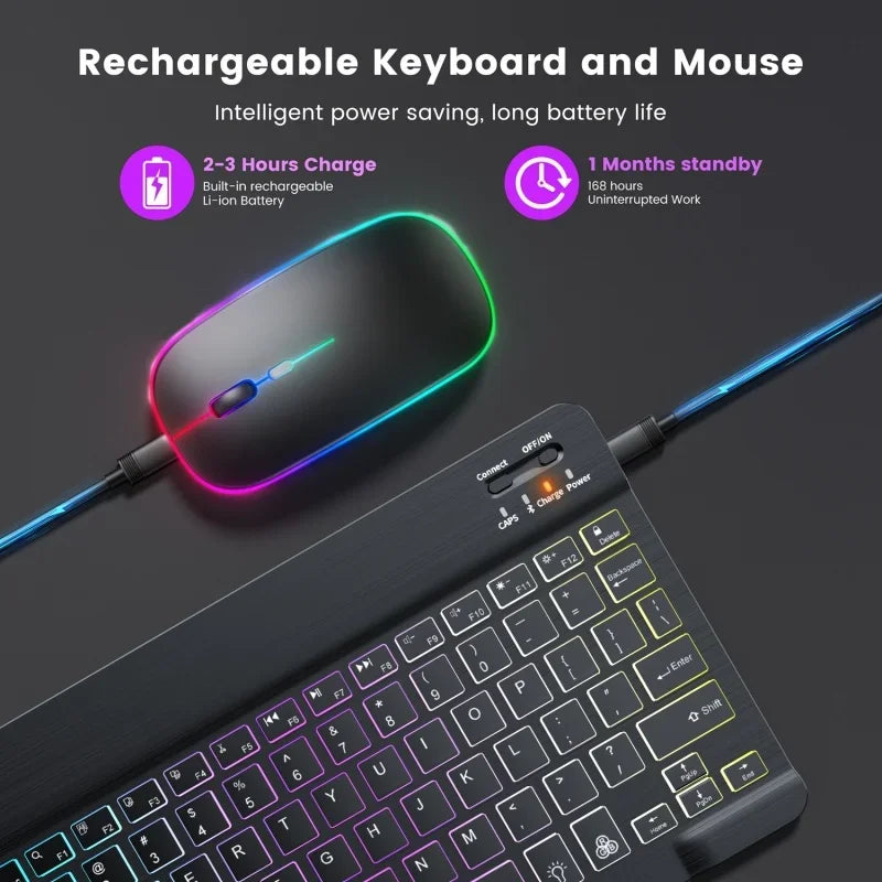 Kit Teclado e Mouse Bluetooth - Mini, Retroiluminado RGB, Recarregável