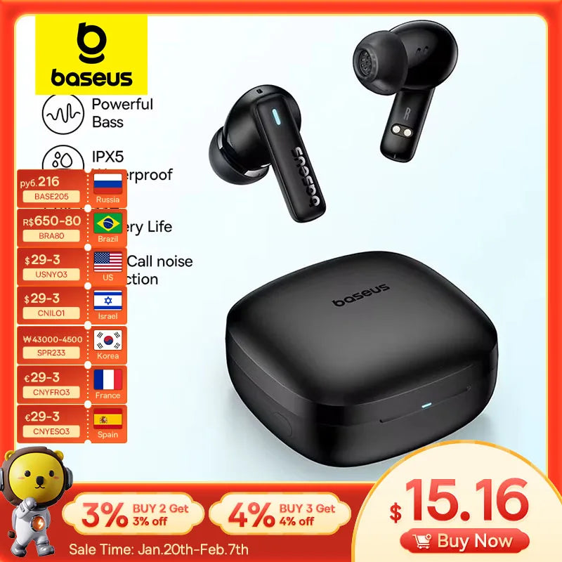 Fones de Ouvido Baseus Bowie E19 TWS, Drivers de 12mm, Graves Potentes, Bluetooth 5.3, 33h de Bateria, IPX5 à Prova d'Água