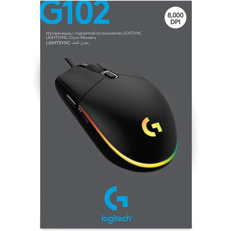 Logitech G102 Mouse USB com Fio para Jogos 8000 DPI Efeito Óptico Arco-íris para PC/Mac e Notebook