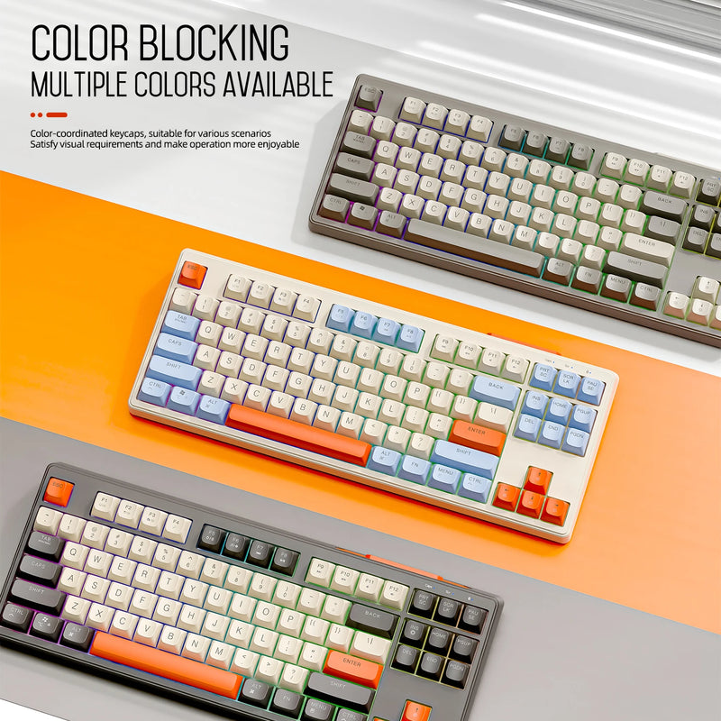 Teclado sem fio m87, teclado bluetooth de modo duplo de 87 teclas com luz de arco-íris rgb, teclado para jogos com design pbt ballcaps