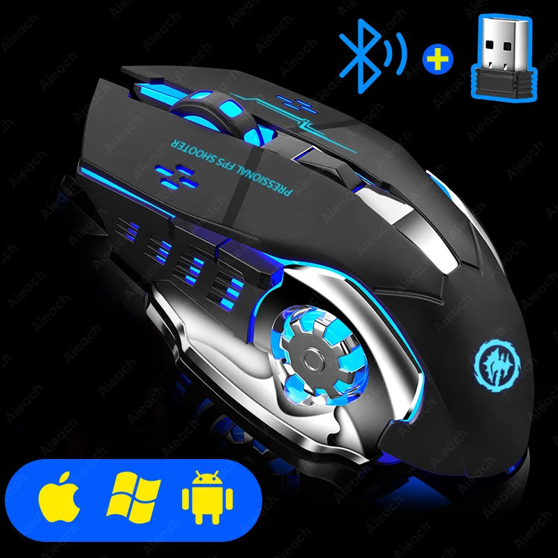 Mouse Gamer Sem Fio Recarregável - Bluetooth, Silencioso, Mecânico, Iluminação RGB, USB, Para PC e e-Sports