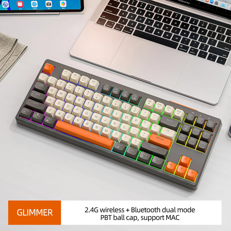 Teclado sem fio m87, teclado bluetooth de modo duplo de 87 teclas com luz de arco-íris rgb, teclado para jogos com design pbt ballcaps