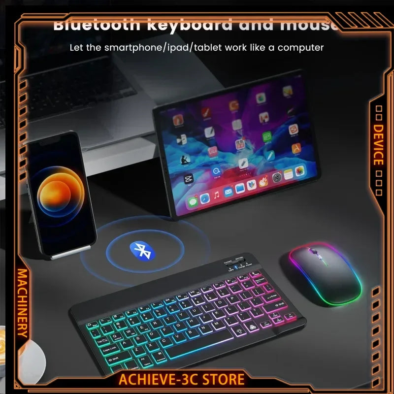 Kit Teclado e Mouse Bluetooth - Mini, Retroiluminado RGB, Recarregável